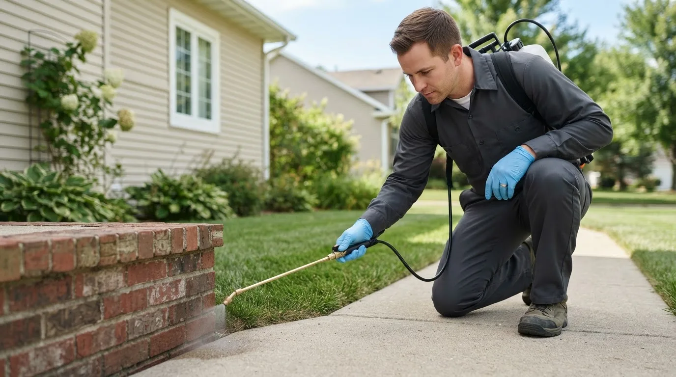 Pest control technician treating a home near Avoca, MI